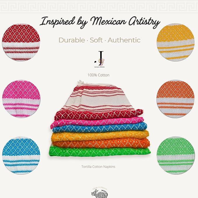 Jacq & Jürgen - Set of 6 Traditional Mexican Tortilla Warmer Cloths - 100% Cotton Handmade Fabric - Reusable Kitchen Napkins for Bread & Tortillas