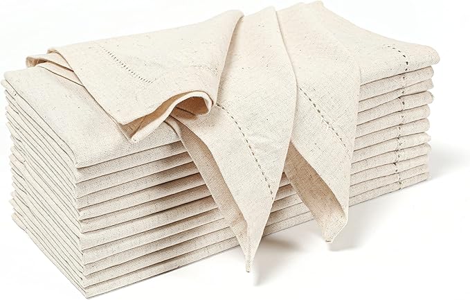 Flax Hemstitchend Cloth Dinner Napkin Set of 12 Natural 20x20 Inches, Premium Cotton Linen Dinning Table Napkins Ideal for Guest, Spring, Cocltail | Soft Neutral Event Napkin for Easter Basket Decor