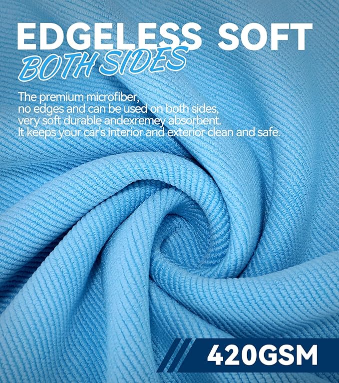 10-Pack (16"x16") 420GSM Premium Edgeless Microfiber Towels for Cars, Ultra-Soft Absorbent, Scratch-Free, Lint-Free, Professional Detailing Cloth for Home Cleaning, Trucks and More, Sky Blue