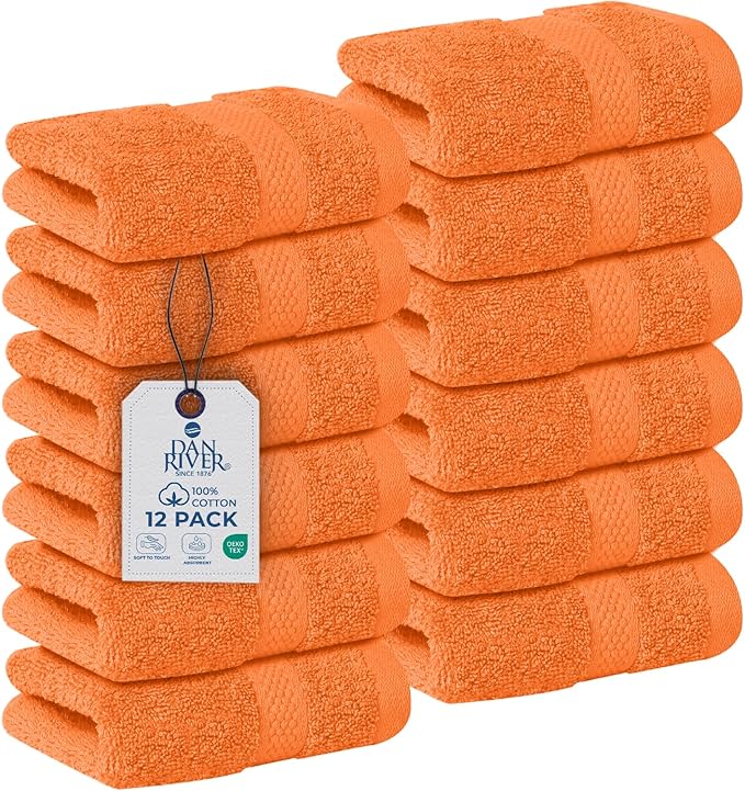 DAN RIVER 12-Pack Premium 100% Cotton Orange Face Towels for Bathroom - Reusable Face Wash Cloths for Showering 12x12 Inches - 550 GSM Super Soft & Absorbent Luxury WashCloths for Body, Spa & Gym
