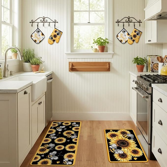 Fourluoo 10 Pcs Sunflower Kitchen Accessory Bee Oven Mitts and Pot Holder Set Retro Black Dish Towel Summer Rugs Mats Farmhouse Kitchen Accessories for Chef Baking Cooking Grilling BBQ Women Home Gift