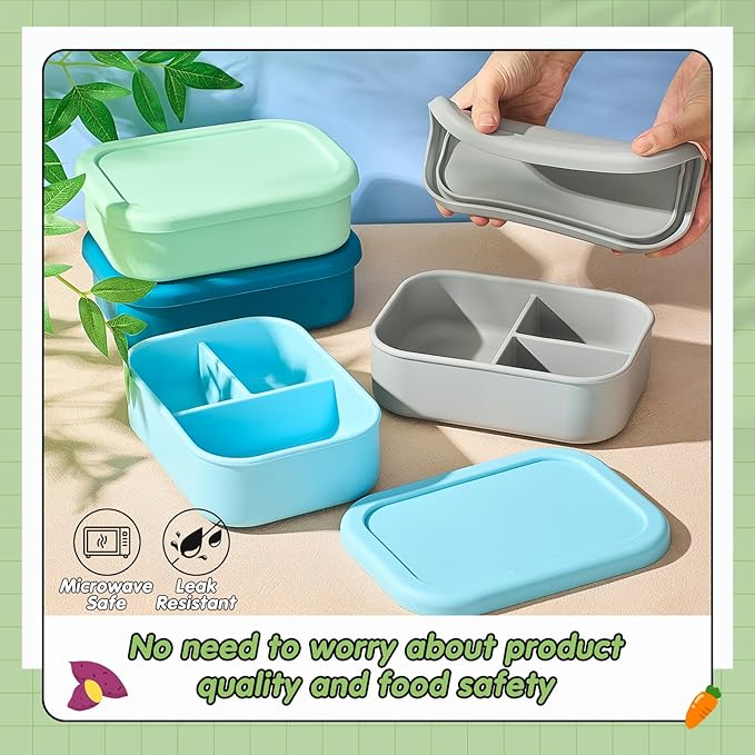 Layhit 4 Pcs Silicone Bento Box for Adults, 27 oz Bento Lunch Container Reusable 3 Compartment Lunchable Food Container for Women Men, Leak Proof Microwave Dishwasher Freezer Safe (Cool Colors)