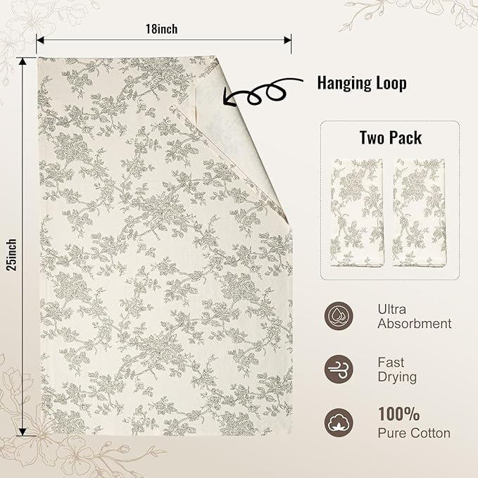 100% Cotton French Pastoral Kitchen Towels Set of 2, Decorative Flour Sack Tea Towels with Hanging Loop 18x25 Inch Absorbent Dish Cloths Farmhouse Home Decor, Green