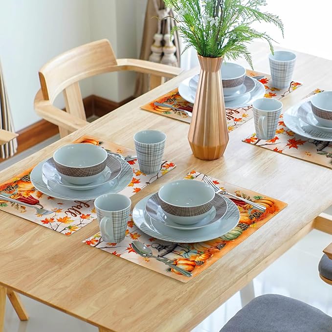 Happy Fall Linen Place Mat 4pc Hedgehogs Pumpkin Printed Placemat Washable Decoration for Home Season Table Decor