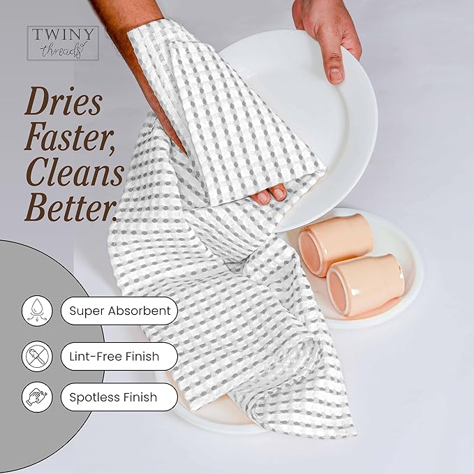 TWINY threads Multi Colors White Waffle Towels 4 Pack, 16x26 Inches Absorbent Waffle Weave Kitchen Dish Cloth Set, Soft, Durable & Machine Washable Tea Towel, Light Grey, Rust, Mustard Yellow, Black