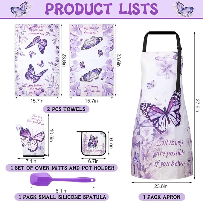 Hoolerry 6 Pcs Purple Kitchen Decor Baking Accessories Religious Cooking Aprons Dish Towels Oven Mitts and Pot Holders Sets with Silicone Spatula for Women Wife Grandma Cooking Baking Gifts