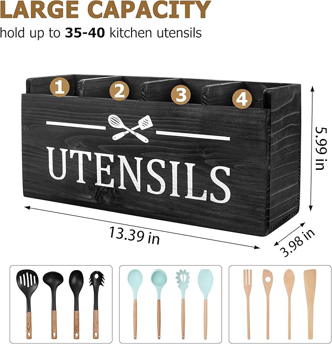 RedCall Extra Large Utensil Holder Organizer,4 Compartments Wooden Kitchen Tool Holder for Countertop,Rustic Farmhouse Utensil Organizer for Spatula Spoon Storage (Black-4)