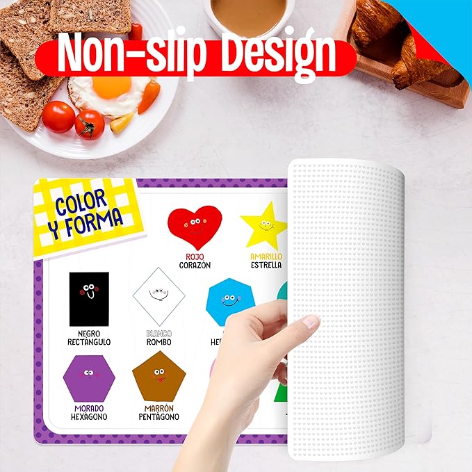 6 Pack Placemats for Kids, Non-Slip Washable Table Mats, Reusable Spanish Alphabet, Number, Shape & Color, Universe, Map Themed Educational Placemats for Home, Kindergarten, Classroom, Nursery