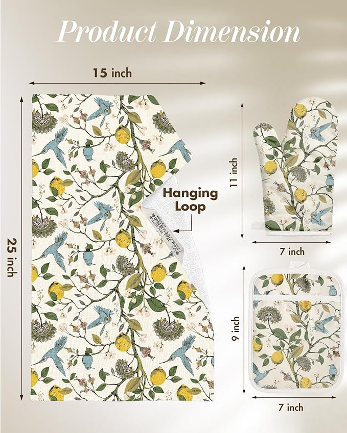 Miss Adola 270 GSM Cotton Kitchen Towels, Oven Mitt and Pot Holder - 4 Pack Kitchen Decor and Accessories Set Spring Cute Farmhouse Boho Quilted Lining Heat Resistant Set with Hanging Loop, Lemon Bird