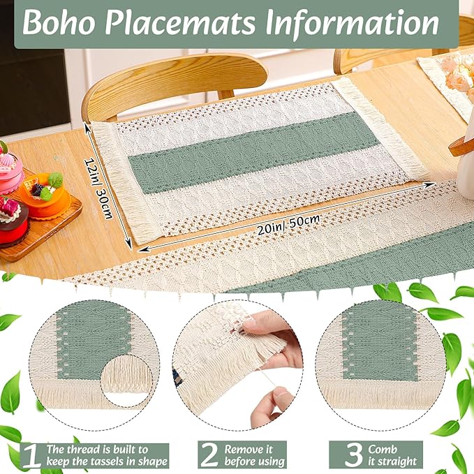 Boho Placemats 4/6/8 Set of Round Woven Placemat Macrame Style Bicolor Stitching Long Table Runner Farmhouse Rustic Natural Burlap Cotton for Kitchen Dining Table(4 Sets,Green,12x72)