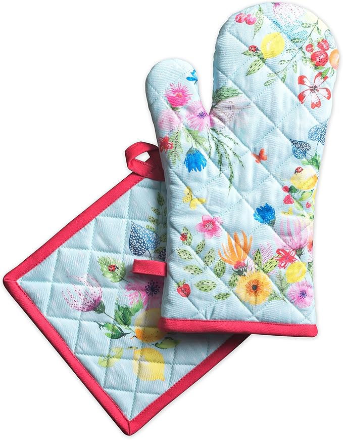 Maison d' Hermine 100% Cotton Oven Mitt & Pot Holder Set (7.5"x13" & 8"x8") Heat Resistant BBQ Cooking Gloves with Loop Grilling Kitchen Gifts for Mothers Day Spring/Summer (Jardin D'Ete - Mint)
