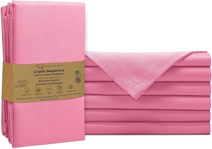 Ruvanti Cloth Napkins Set of 6, 100% Cotton High GSM 18x18 Inches Soft, Washable, Highly Durable & Absorbent, Perfect for Parties, Christmas, Thanksgiving Dinners – Pink Bubblegum