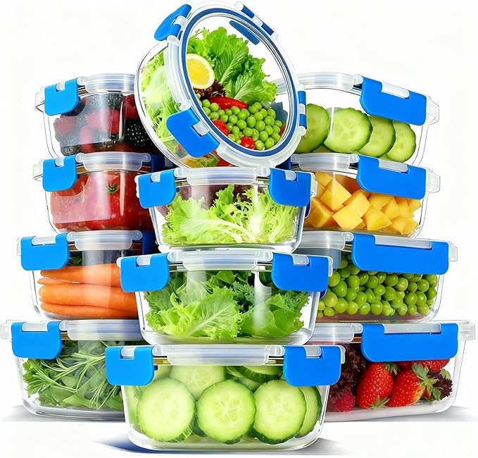 12 Pack Glass Food Storage Container Set with Lids Airtight, Stackable Meal Prep & Leftover Containers, Lunch Box for Microwave, Oven, Freezer and Dishwasher (Blue)