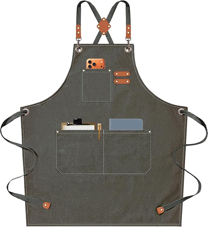 AFUN Chef Aprons for Men Women with Oversized Pockets, 16-Ounce Cotton Canvas Cross Back Heavy Duty Work Apron (Grey Green)