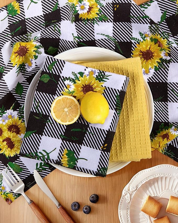 Miss Adola 3pcs Cotton Kitchen Towels - 270 GSM 15x25 Inch Terry Cloths Reusable Dish Cloths for Cleaning Absorbent Soft Hand Tea Towels with Hanging Loop for Housewarming Home Decor, Plaid Sunflower