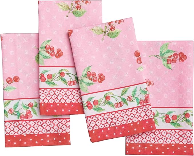 Maison d' Hermine Cloth Napkins Set of 4 100% Cotton Everyday Reusable Square Napkins Cloth Washable Dinner Party Wedding Restaurant Gifts for Mothers Day Spring/Summer (Pink Cherries, 18" x 18")