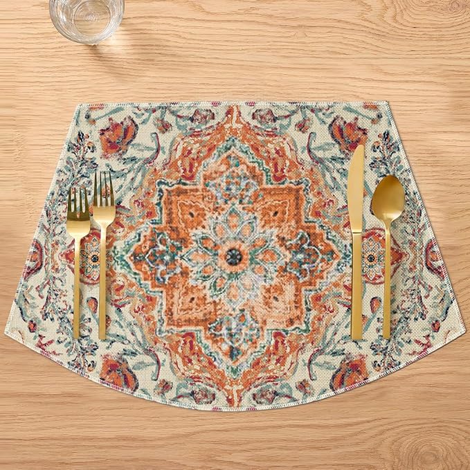 Artoid Mode Farmhouse Bohemian Wedge Shaped Placemats Set of 4, Seasonal Home Dining Table Mat for Round Table