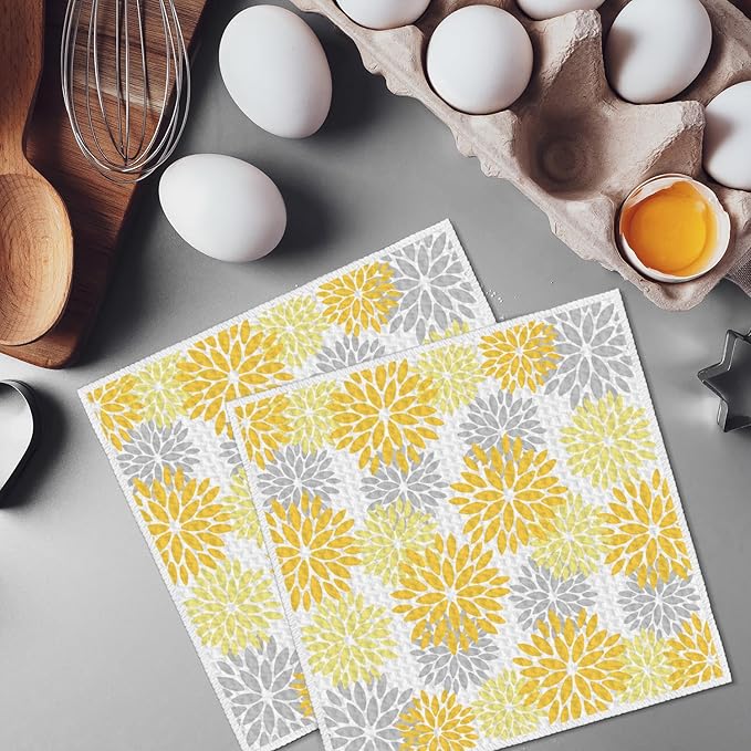 Artoid Mode Yellow Dahlia Floral Kitchen Dish Cloths, 12x12 Inch Quick Dry Microfiber Dishcloths for Kitchen Premium Dish Rags Set of 2