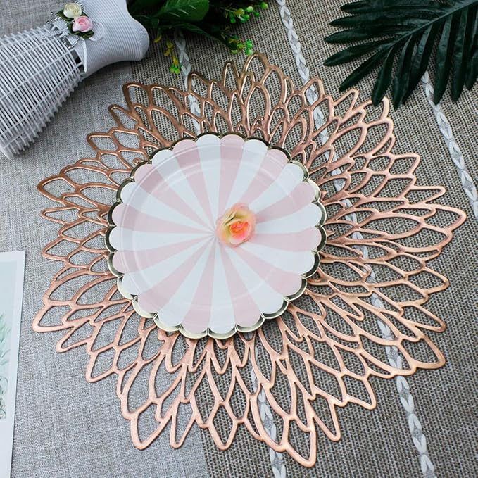 Rose Gold Round Placemats for Dinner Table Set of 6 Hollow-Out Vinyl Place Mats for Kitchen Decor Wedding Accent Centerpiece Table Mats