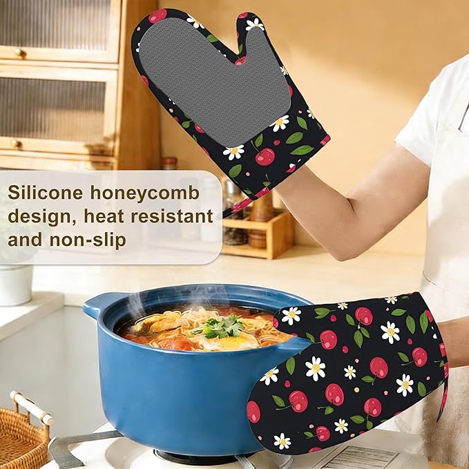 Cherry Oven Mitts and Pot Holders Sets of 4, Heat Resistant Daisy Floral Silicone Oven Mitts Gloves Non-Slip Kitchen Mittens Potholders for Cooking Baking Grilling BBQ