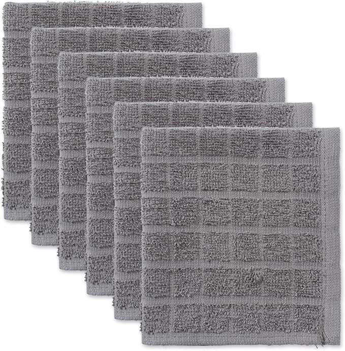 DII Basic Terry Collection Solid Windowpane Dishcloth Set, 12x12, Gray, 6 Piece