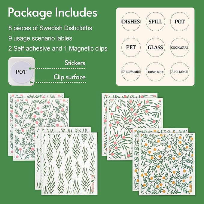 Eulnars Swedish Dishcloths for Kitchen, 8 Pack Green Reusable Paper Towels with Clips, Non-Scratch Swedish Kitchen Towels, Super Absorbent Cellulose Sponge Cloths, Dishwasher Safe, No Odor