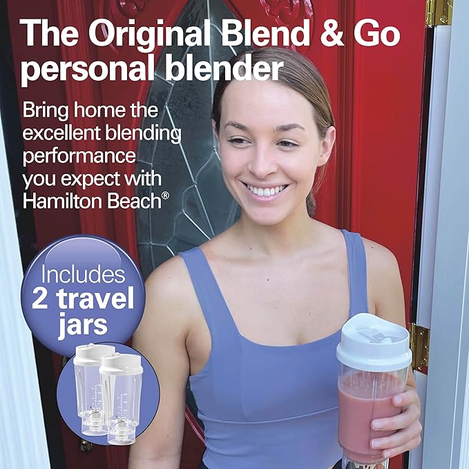 Hamilton Beach Portable Blender for Shakes and Smoothies, 14 Oz BPA Free Travel Cup & Lid, Durable Stainless Steel Blades, Personal Smoothie Blender, 2 Jars - White (51102V)