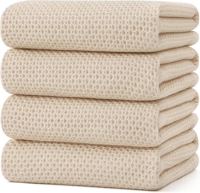 Kitinjoy 100% Cotton Waffle Weave Kitchen Towels (20 X 28 Inches, Beige), 4-Pack Super Soft and Absorbent Dish Towel for Drying Dishes