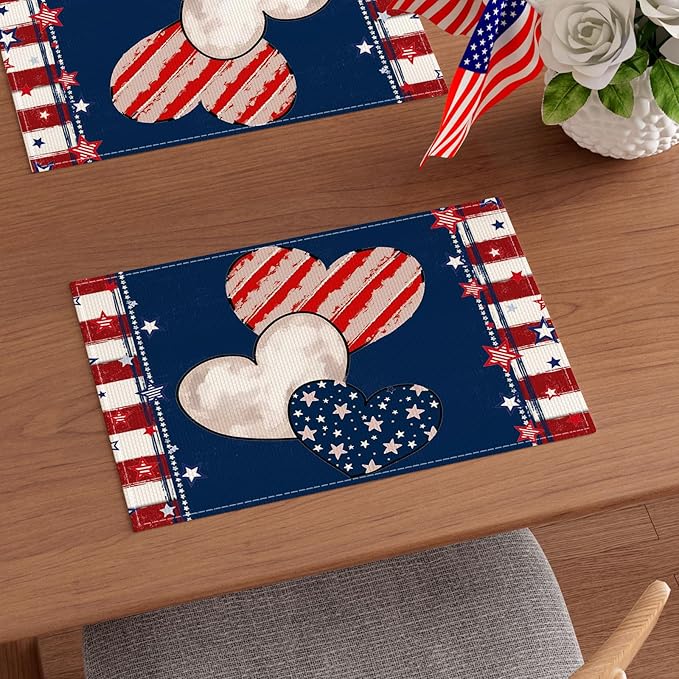 Heart Stripe Stars 4th of July Placemats Set of 6 12x18 Inch Patriotic America Memorial Day Independence Day Table Decorations Cloth Table Mats