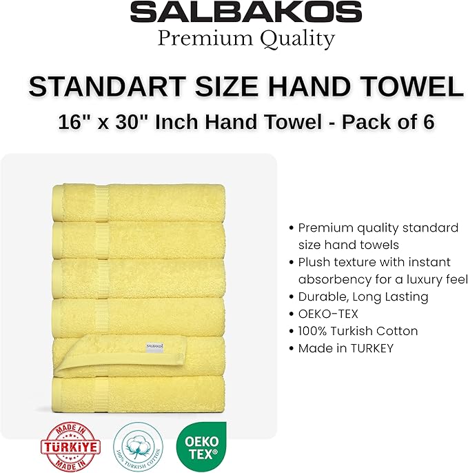 SALBAKOS 100% Turkish Cotton Hand Towel Set of 6 16x30 inch | Premium Quality | Hotel & Spa Collection | Soft, Super Absorbent, Long Lasting Hand Towels | Made in Turkey (Yellow, 6 Hand Towels)