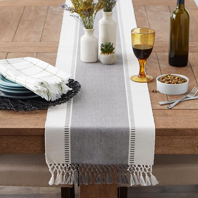 DII Dobby Stripe Woven Table Runner, 13x108 (13x113.5, Fringe Included), Cool Gray