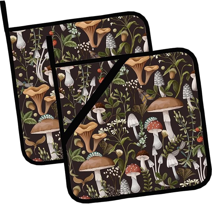 Retro Mushroom Pot Holders Set of 2,Kitchen Heat Resistant Potholder for Microwave Cooking Baking Oven and BBQ