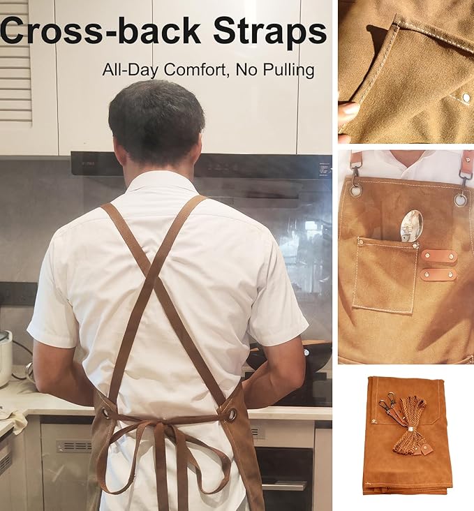 Chef Apron with Large Pockets for Women Men, Cotton Canvas Cross Back Water Repellent Adjustable Work Apron