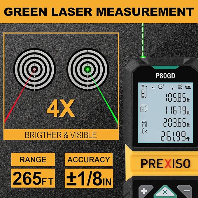 PREXISO Laser Measure Rechargeable, 265Ft Green Beam Laser Measurement Tool with Angle Sensor& 30 Sets Data Storage &1/4"-20 Threaded Hole - Ft/Ft+in/in/M Units - Pythagorean Mode, Area, Volume