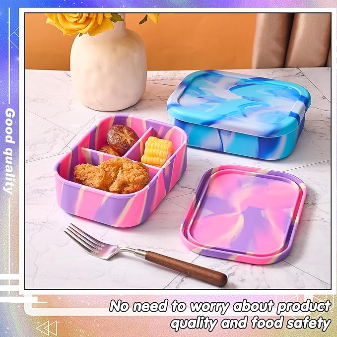 Layhit 2 Pcs Silicone Bento Box for Adults, 27 oz Bento Lunch Container Reusable 3 Compartment Lunchable Food Container for Women Men, Leak Proof Microwave Dishwasher Freezer Safe (Pad Dyeing Colors)