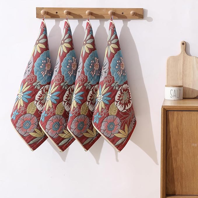 Dish Towels for Kitchen, Jacquard Woven Kitchen Towels Set, Reusable Reusable Cleaning Tea Towels Ultra Absorbent with Hanging Loop,Decorative Retro Hand Towels for Bathroom/Kitchen