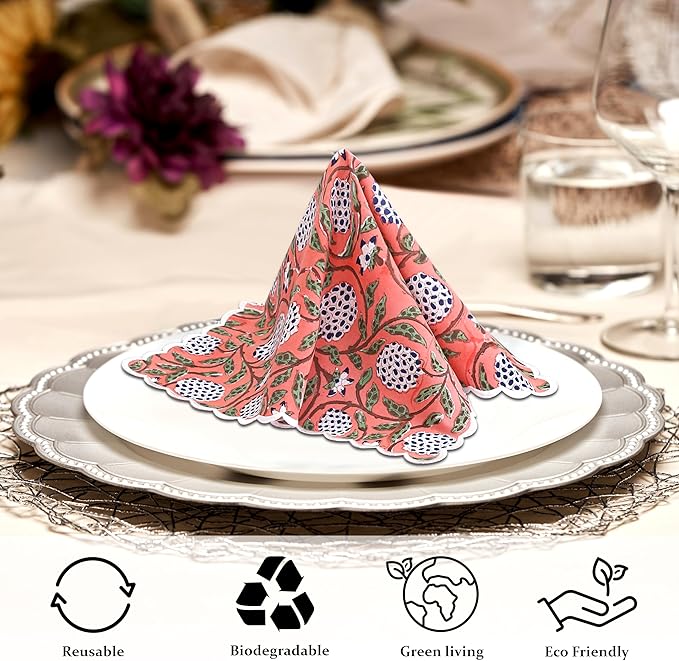 Ridhi Hand Block Print Dark Salmon Pink 18" x 18" (Set of 4) Embroidery Table Napkins Reusable Cotton Dinner Napkins for Weddings, Parties, Everyday Dining Gift for Spring, Easter, Valentine