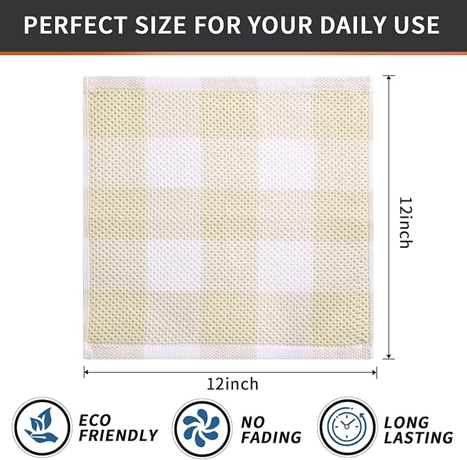 Mordimy 100% Cotton Waffle Weave Plaid Dish Cloths, 12 x 12 Inches, Super Soft and Absorbent Quick Drying Buffalo Check Dish Rags for Kitchen, 6-Pack, Beige & White