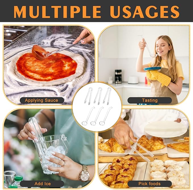 6 Pieces Plastic Serving Utensils Set Including 3 Pcs 1 oz Small Ladle and 3 Pcs Tong Acrylic Long Handle Ladle for Serving Sauce, Soup, Dressing, Punch Bowl, Gravy for Party Banquets Catering(Clear)