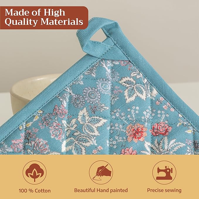 Maison d' Hermine Pot Holders 100% Cotton Heat Resistant Potholders 8" x 8" Hot Pads with Loop BBQ Cooking Baking Gifts for Mothers Day Handling Hot Pans Spring/Summer (Pack of 1, Marquise)