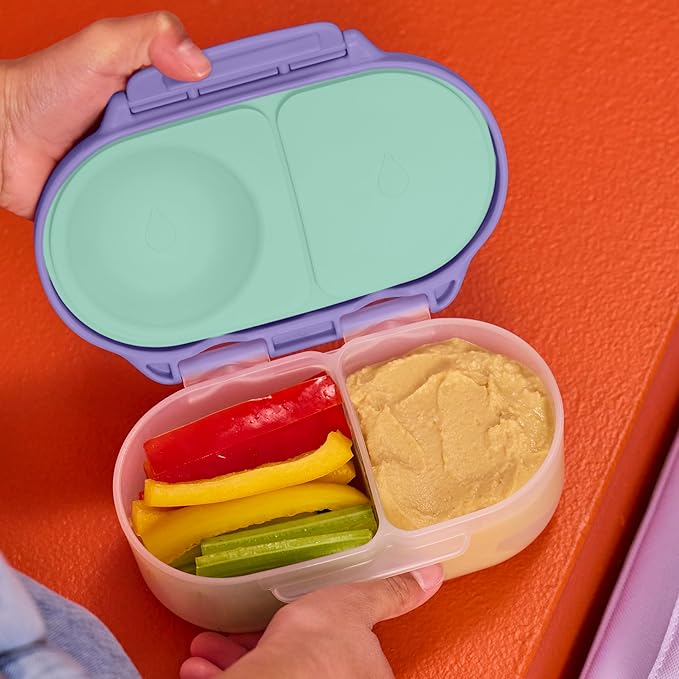 b.box Snack Box 2-Pack - Leak Proof Mini Bento Box for Kids & Toddlers, 2 Compartment Snack Containers for Kids, Dishwasher Safe, BPA-Free, PFAS-Free, Ages 4mo+, 1 3/4 Cup Each (Strawberry + Lilac)