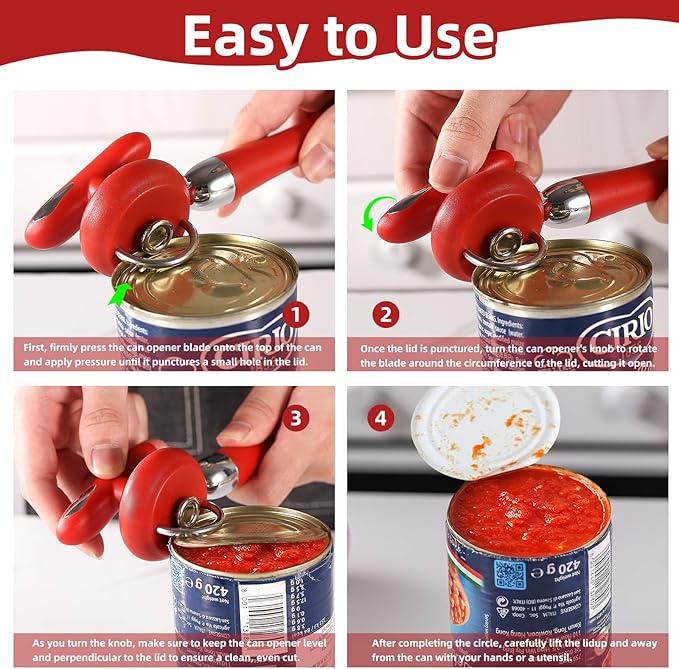 Can Opener Manual Tin Opener Stainless Steel Heavy Duty, Oversized Hand-held Easy Rotary Knob, Safe Cut Manual Can Opener with Non-Slip Handle, Smoother Cut Sharp Blade for Seniors Kitchen Tool, Red