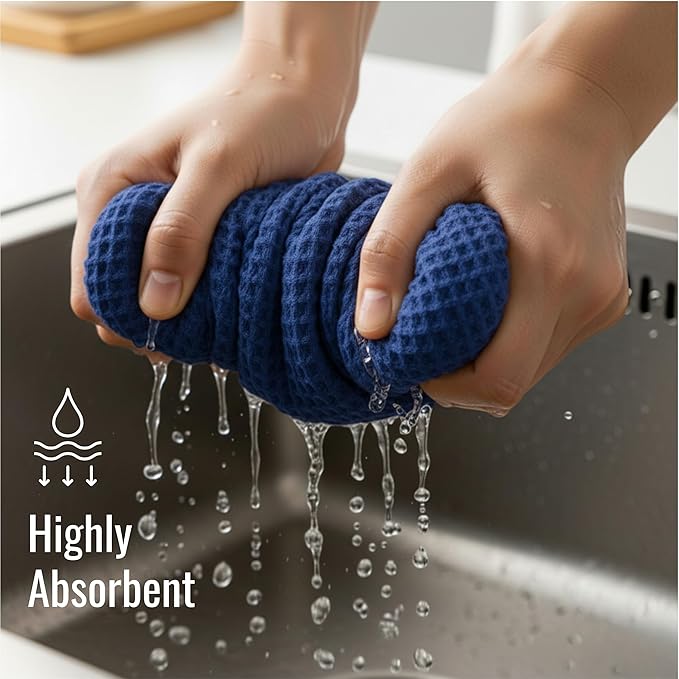 WHITEWRAP Premium Cotton Classic Waffle Weave Kitchen Dish Cloths, 12x12 Inch Ultra Absorbent Lint-Free Dish Towels, Fast Drying Dishcloths for Washing Dishes, 6 Pack, Blue
