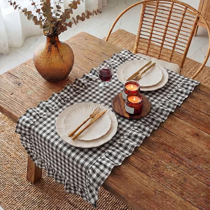 HunnmingRe 1 Pcs Dark Brown Plaid Gingham Ruffle Table Runner 118 x 13.8'' Farmhouse Table Runner 100% Cotton Scalloped Long Dresser Scarves for Dining Room, Wedding, Kitchen Rustic Home Decor