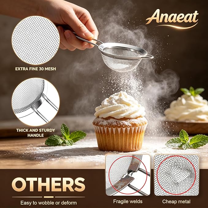 Anaeat Fine Mesh Strainers - Premium Stainless Steel Colander Sieve Sifters, with Durable Mesh and Sturdy Handle, Excellent for Sifting Dry ingredients, Flour, Pastas, Rice, Tea (4.73"）