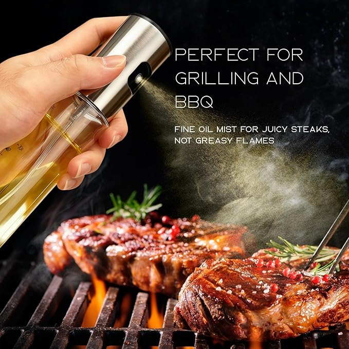 BOKKY Oil Sprayer for Cooking, 2 Pack 100ml Olive Oil Mister for Air Fryer, BBQ & Salad, Refillable 304 Stainless Steel Glass Bottles (Transparent / 2 Pack)