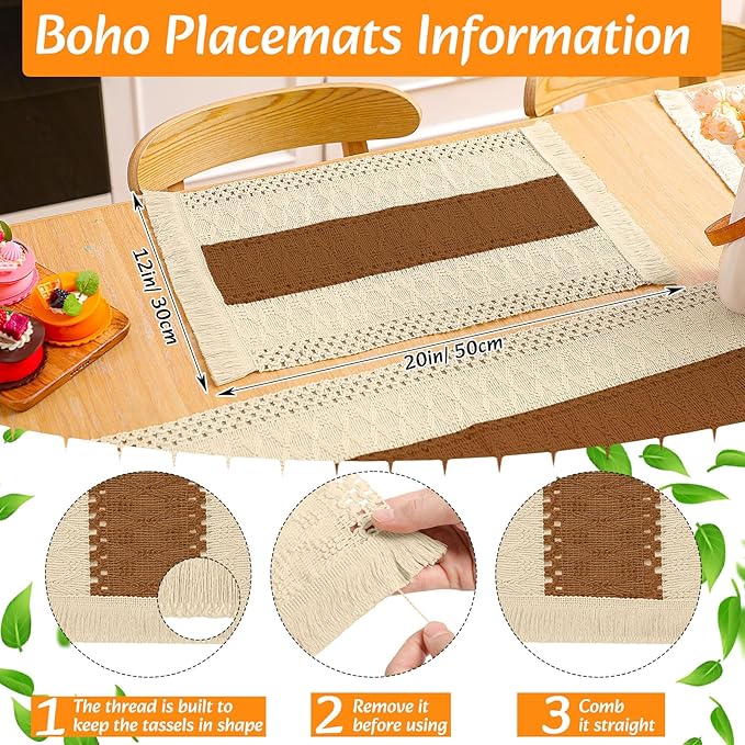 Boho Placemats 4/6/8 Set of Round Woven Placemat Macrame Style Bicolor Stitching Long Table Runner Farmhouse Rustic Natural Burlap Cotton for Kitchen Dining Table(6 Sets,Caramel Color,12x72)