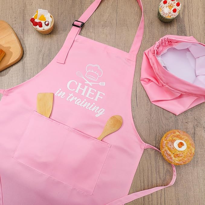 Kids Apron and Chef Hat Set, Funny Apron with 2 Pockets, Adjustable Kids Aprons for Cooking for Boys and Girls