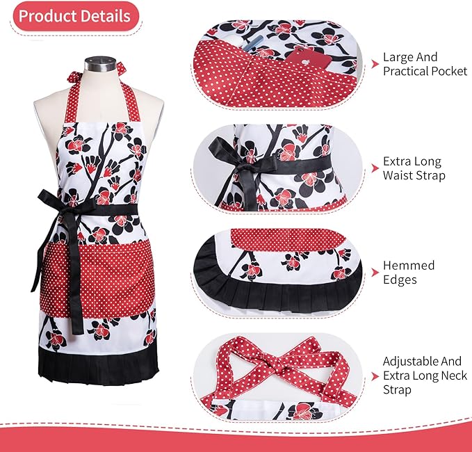 Lovely Flower Pattern Retro Aprons With Large Pockets for Women Girls Cooking Kitchen Bakery Mother's Gift