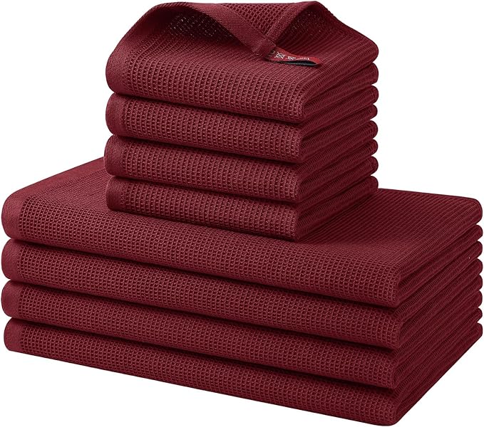 Homaxy 100% Cotton Kitchen Towels and Dishcloths Set - 8 Pack Waffle Weave Soft and Absorbent Dish Towels - 26 X 16 Inch and 12 X 12 Inch - Burgundy